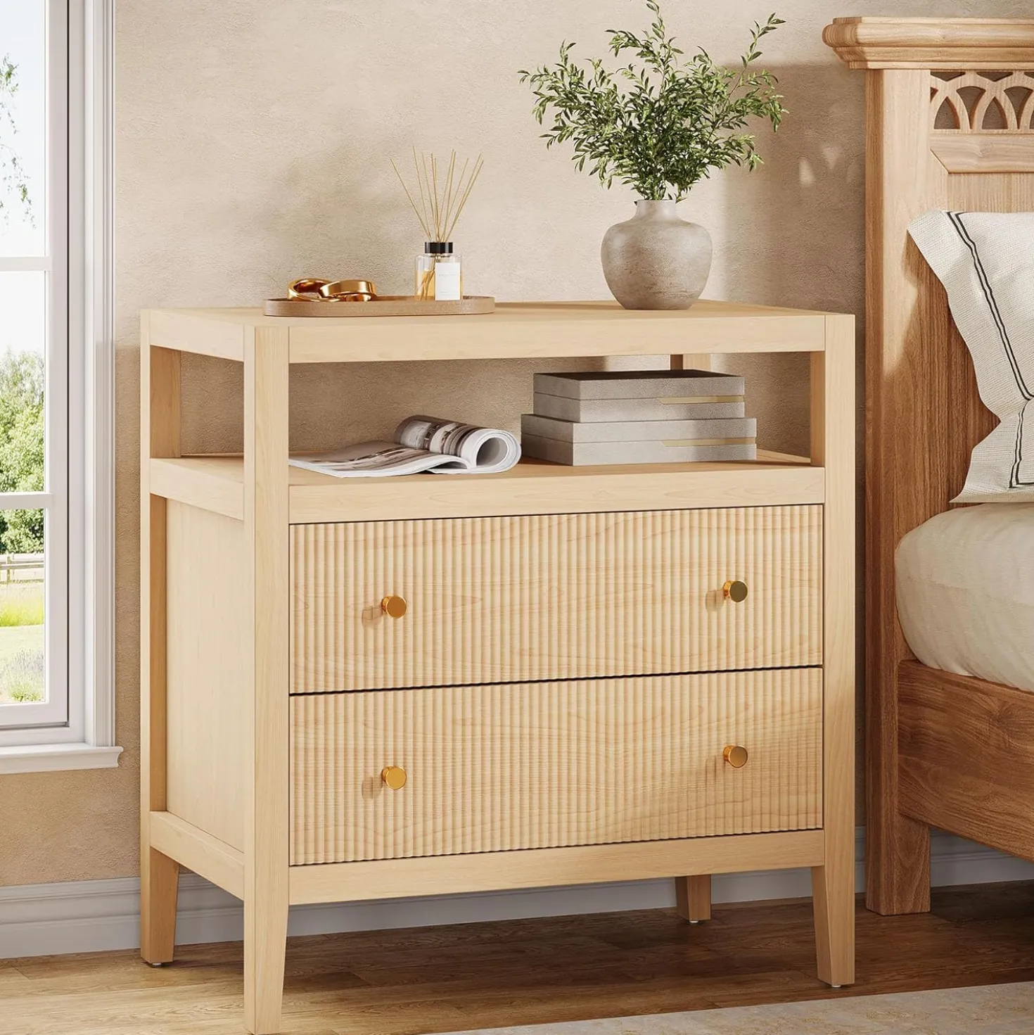 29.5" Farmhouse Nightstand, 2-Drawer Wide Bedside Table with Open Storage Shelf