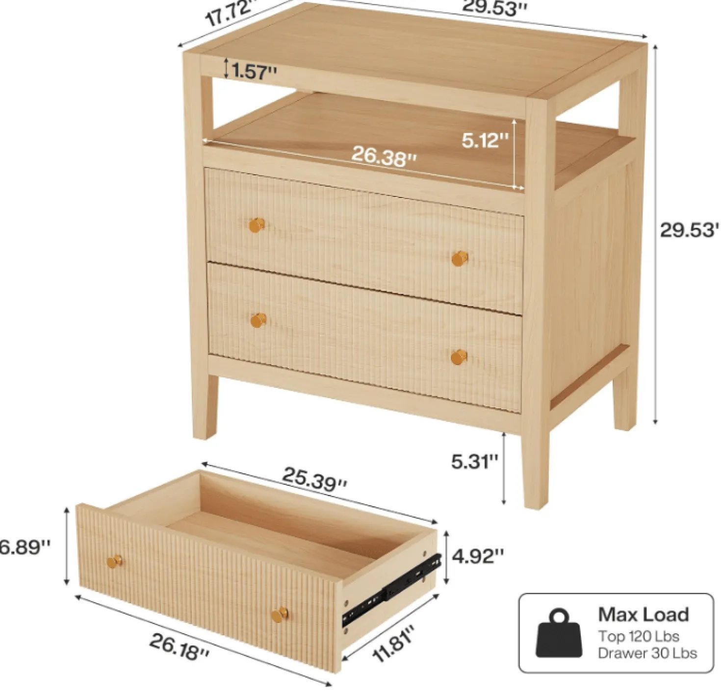 29.5" Farmhouse Nightstand, 2-Drawer Wide Bedside Table with Open Storage Shelf