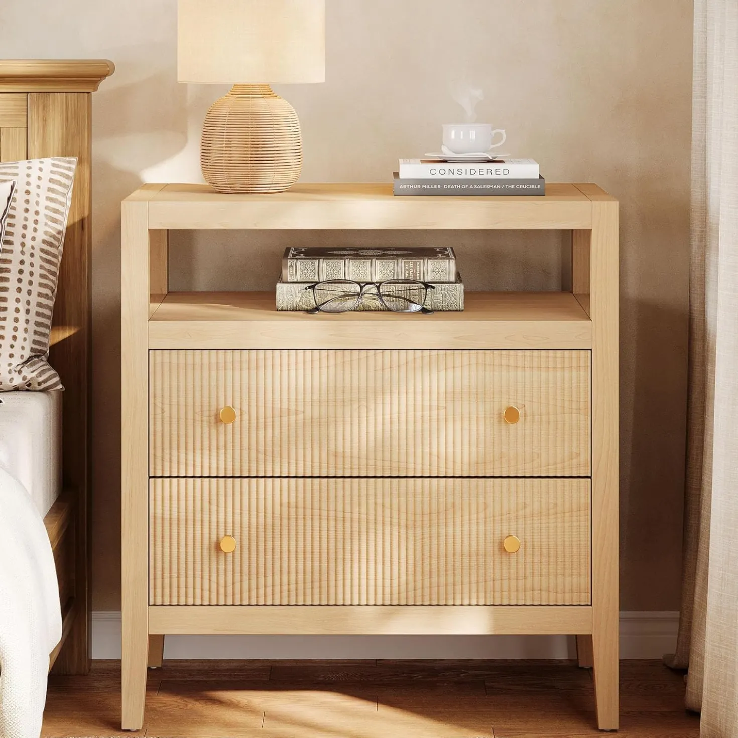29.5" Farmhouse Nightstand, 2-Drawer Wide Bedside Table with Open Storage Shelf