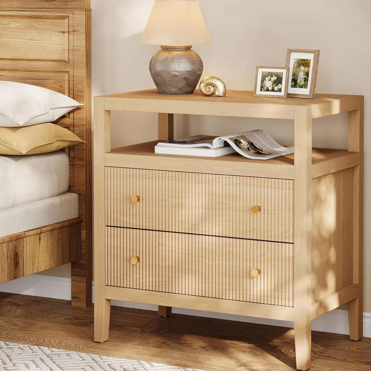 29.5" Farmhouse Nightstand, 2-Drawer Wide Bedside Table with Open Storage Shelf