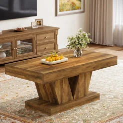 47.2" Farmhouse Rectangular Coffee Table, Mid-Century Wooden Center Table with Sculptural Base