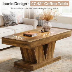 47.2" Farmhouse Rectangular Coffee Table, Mid-Century Wooden Center Table with Sculptural Base
