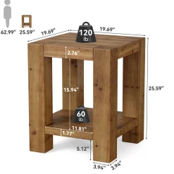 19.6" Farmhouse Side Table, Solid Wood 2-Tier End Table with Storage Shelves