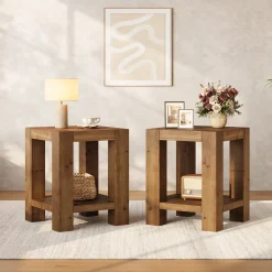 19.6" Farmhouse Side Table, Solid Wood 2-Tier End Table with Storage Shelves
