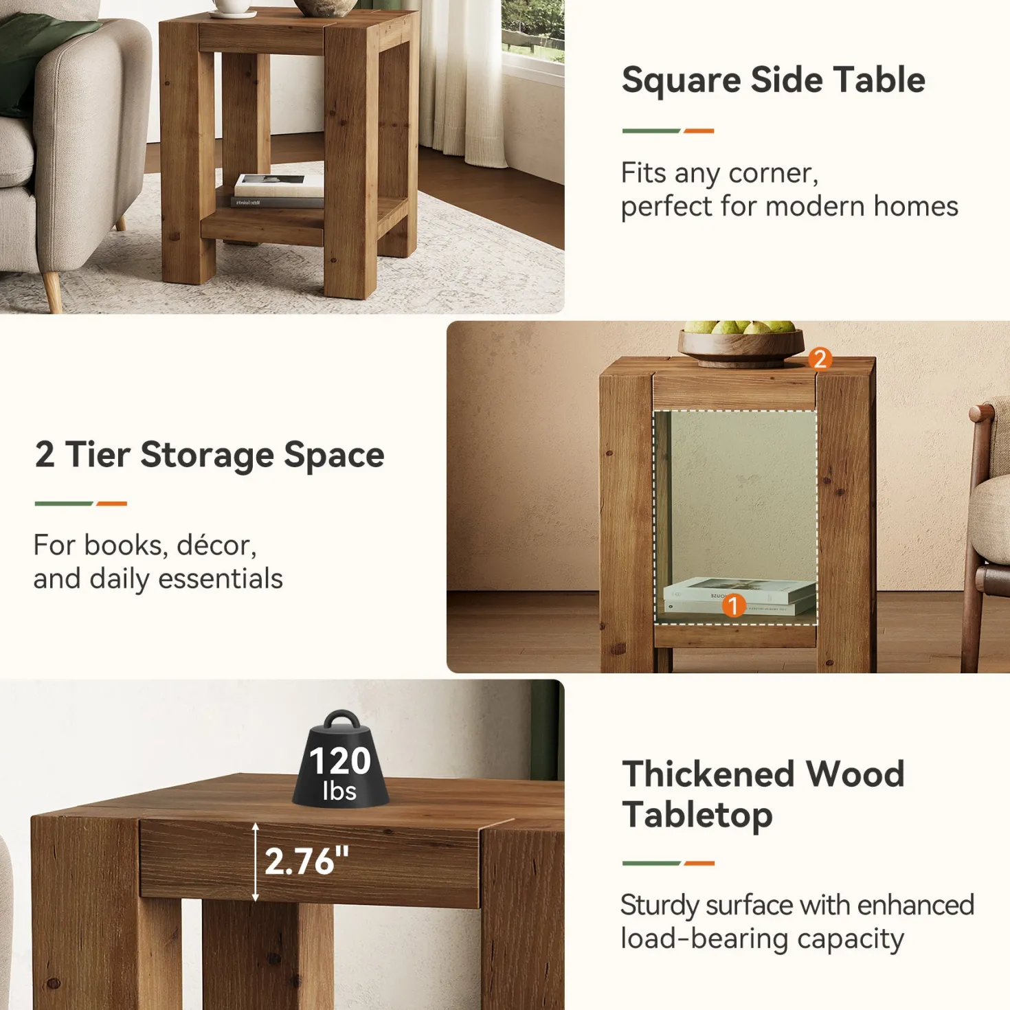 19.6" Farmhouse Side Table, Solid Wood 2-Tier End Table with Storage Shelves