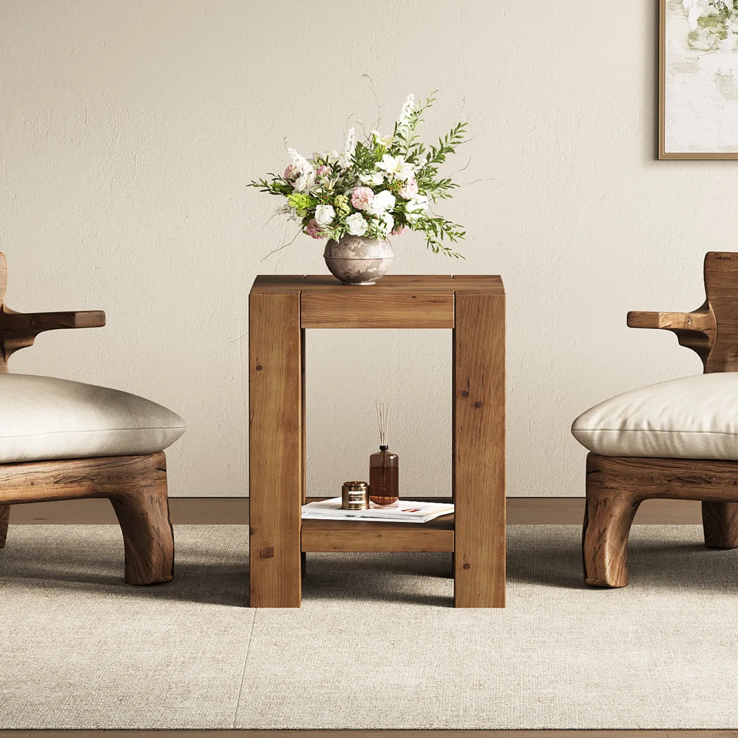 19.6" Farmhouse Side Table, Solid Wood 2-Tier End Table with Storage Shelves