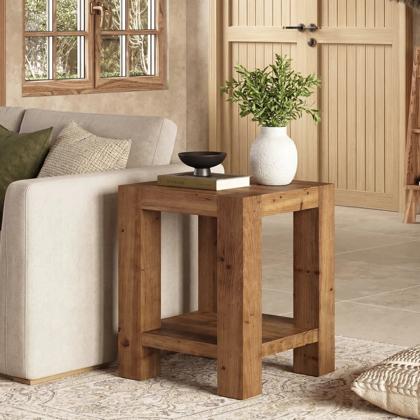 19.6" Farmhouse Side Table, Solid Wood 2-Tier End Table with Storage Shelves