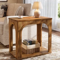 25" Farmhouse Side Table, 2-Tier Solid Wood End Table with Shelf
