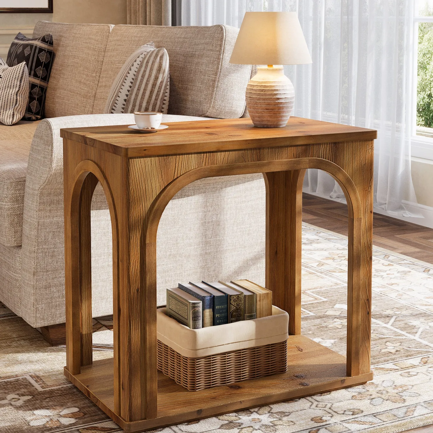 25" Farmhouse Side Table, 2-Tier Solid Wood End Table with Shelf
