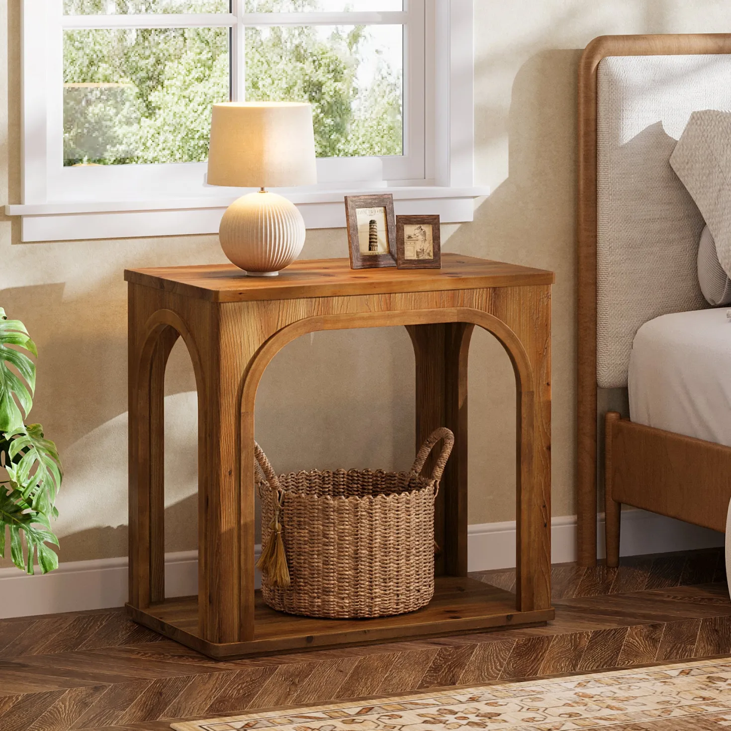 25" Farmhouse Side Table, 2-Tier Solid Wood End Table with Shelf