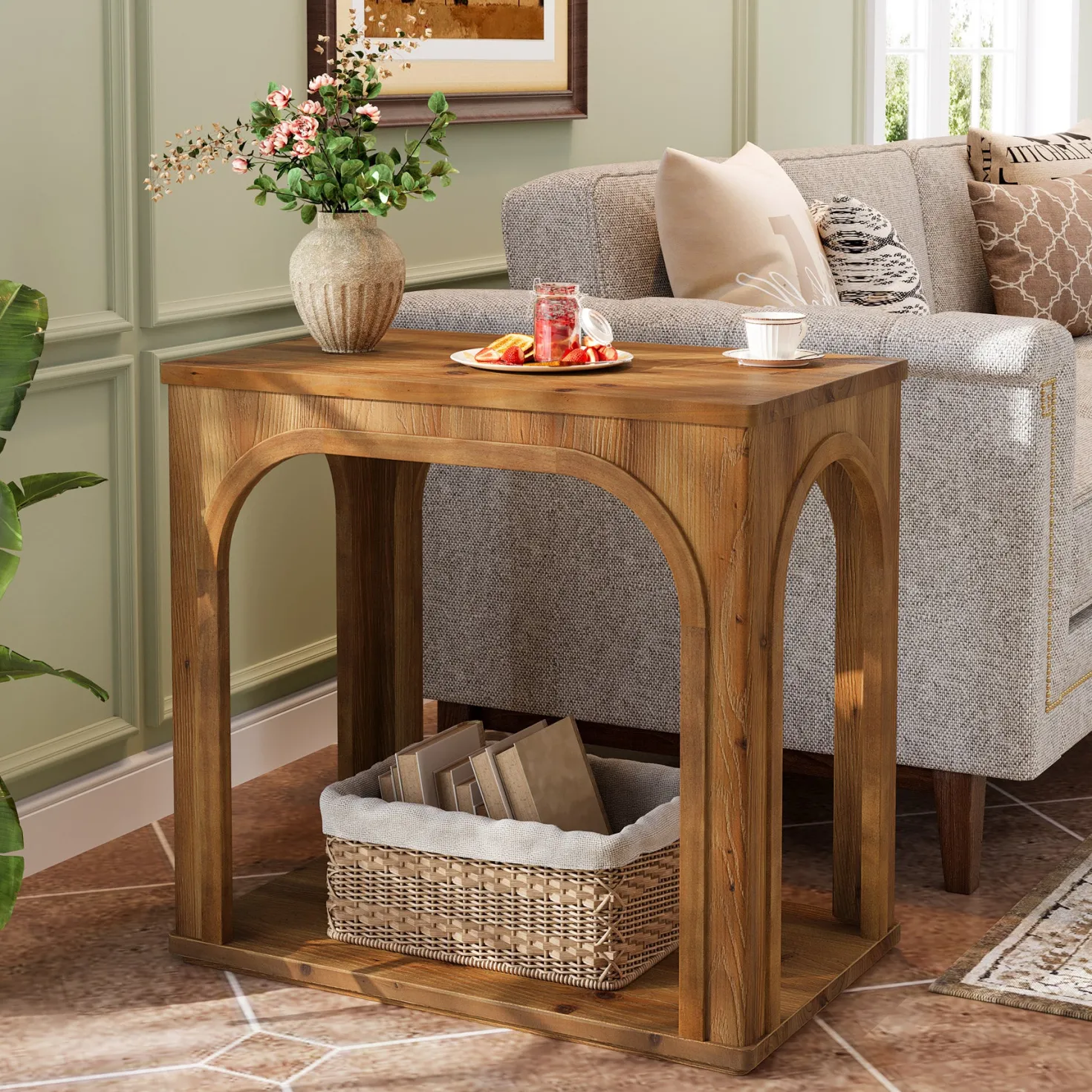 25" Farmhouse Side Table, 2-Tier Solid Wood End Table with Shelf
