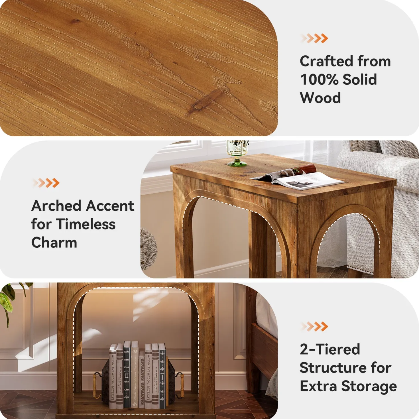 25" Farmhouse Side Table, 2-Tier Solid Wood End Table with Shelf