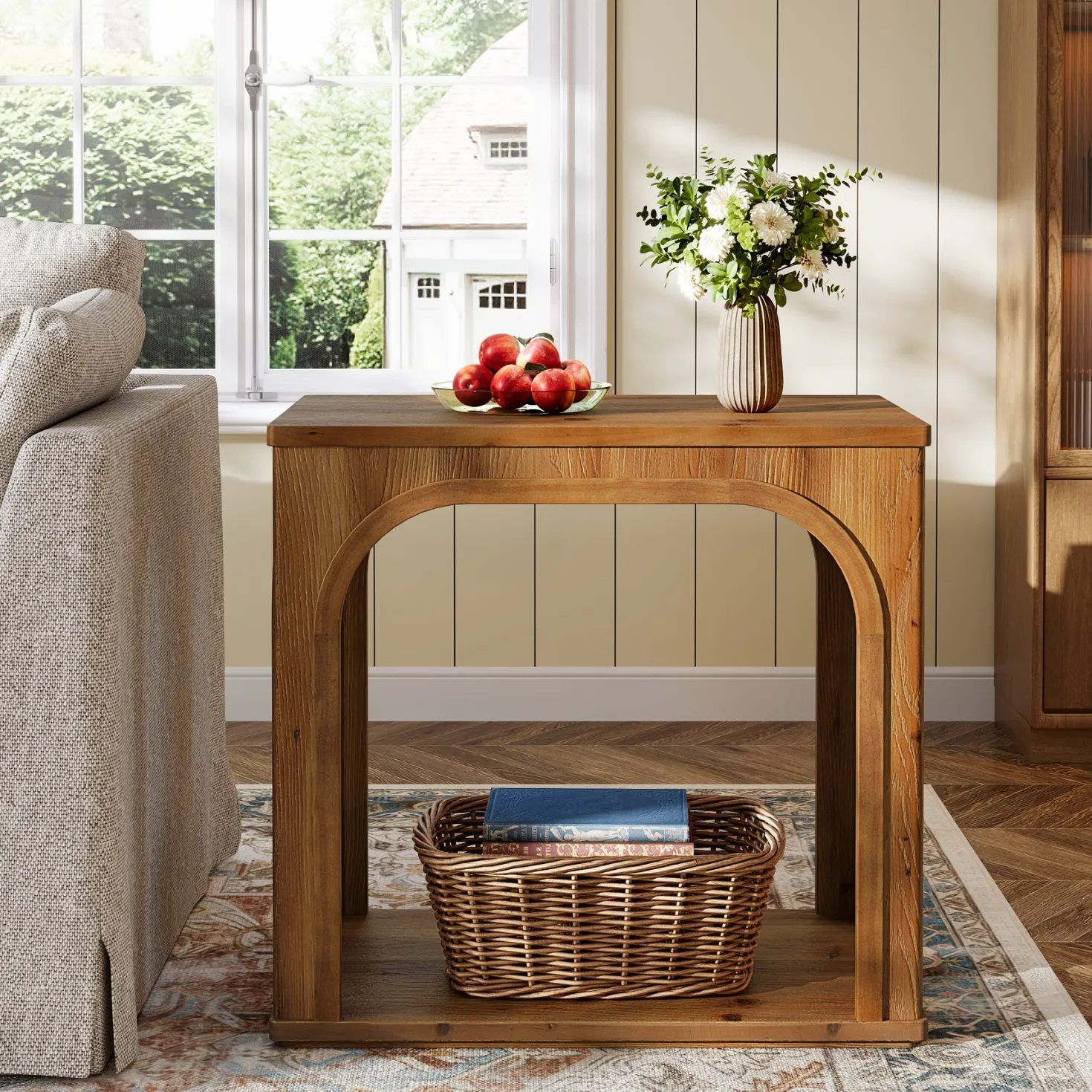 25" Farmhouse Side Table, 2-Tier Solid Wood End Table with Shelf
