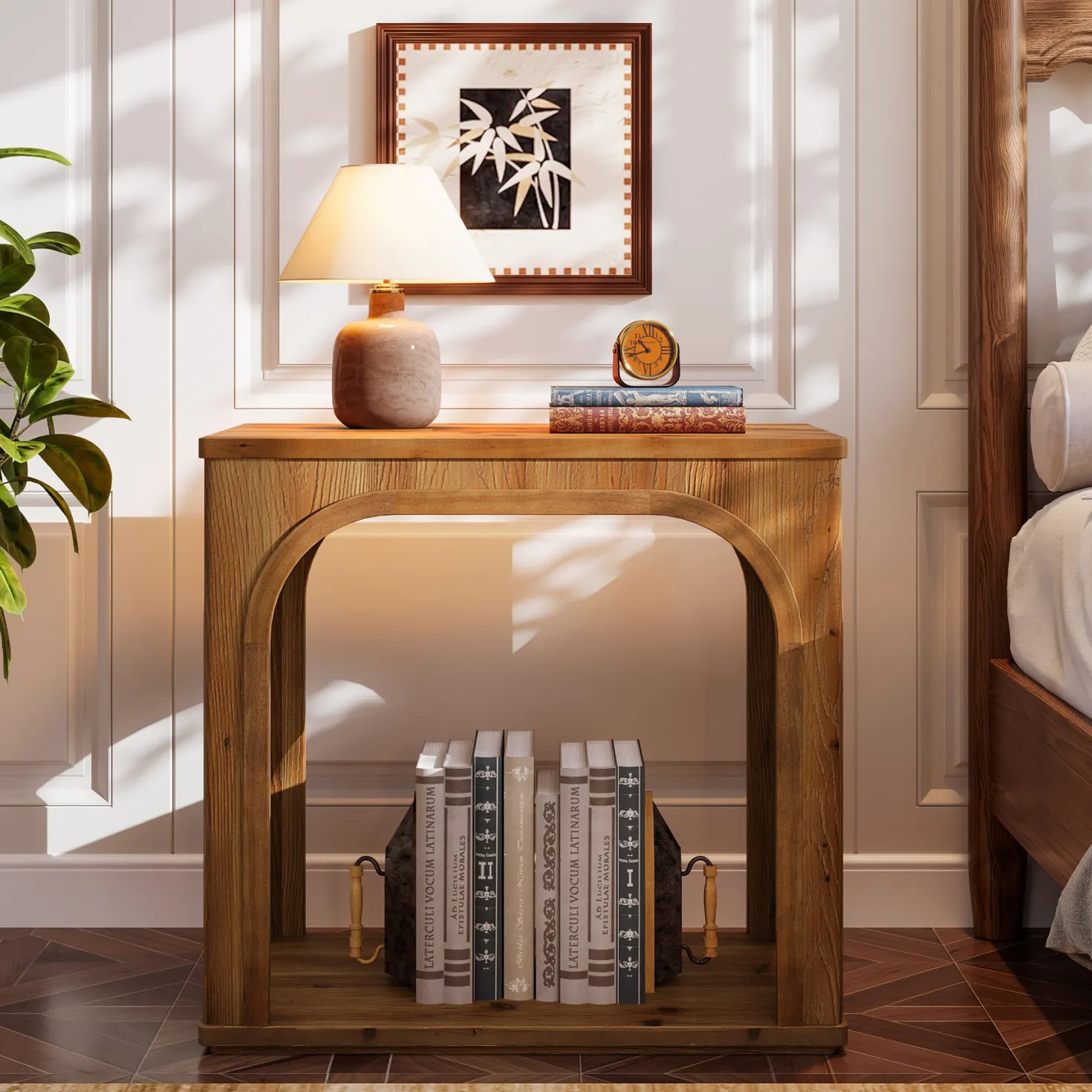25" Farmhouse Side Table, 2-Tier Solid Wood End Table with Shelf