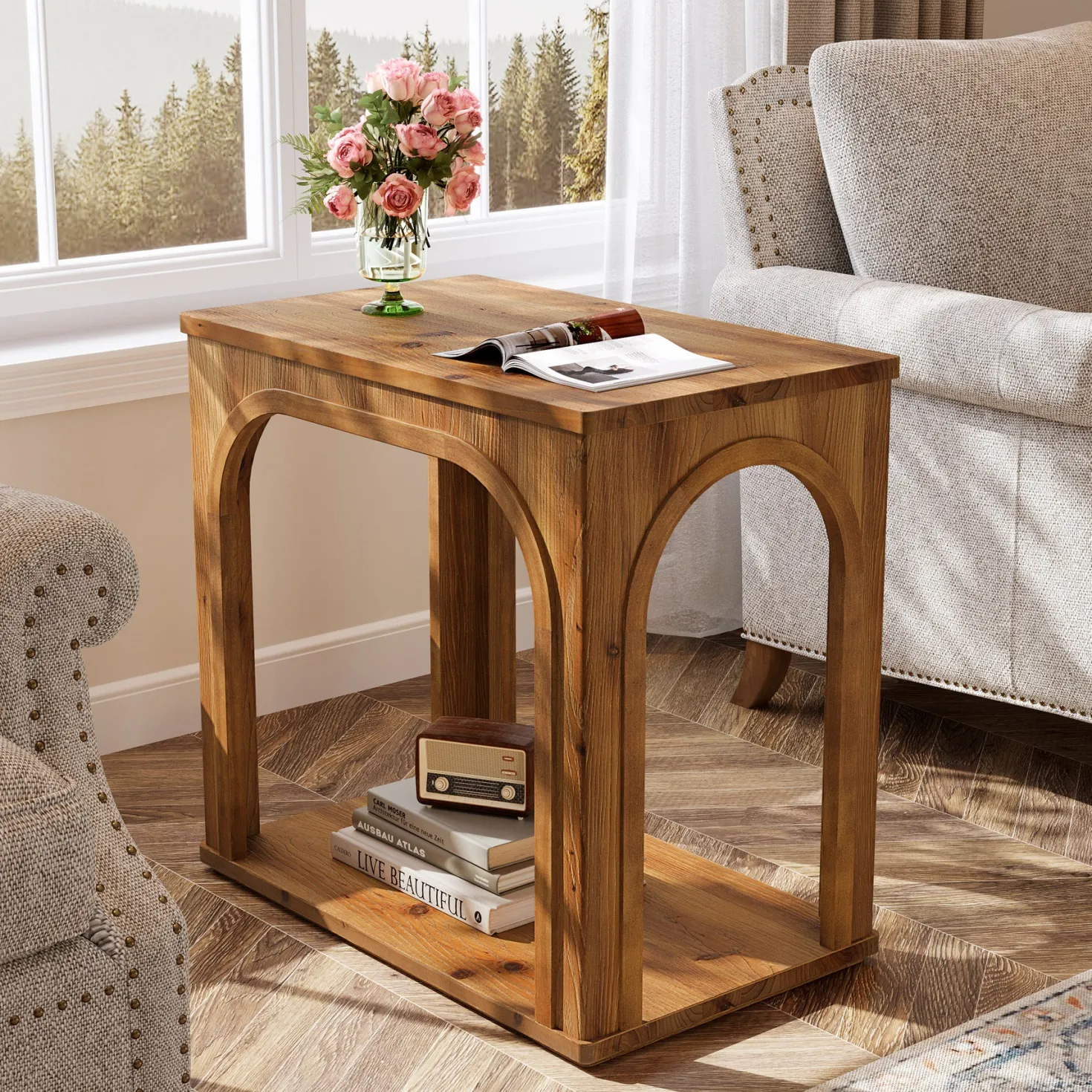 25" Farmhouse Side Table, 2-Tier Solid Wood End Table with Shelf