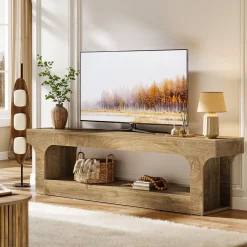 63” Farmhouse TV Stand for 55–75 Inch TVs, Entertainment Center with 2-Tier Open Storage Shelves
