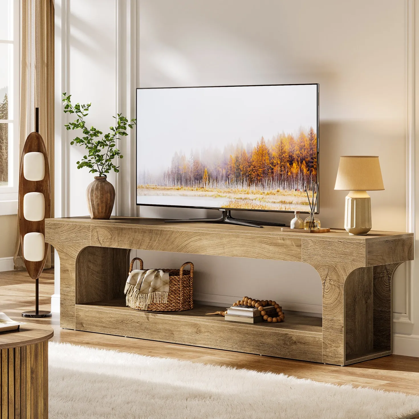 63” Farmhouse TV Stand for 55–75 Inch TVs, Entertainment Center with 2-Tier Open Storage Shelves
