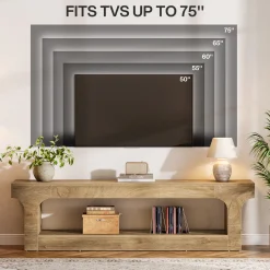 63” Farmhouse TV Stand for 55–75 Inch TVs, Entertainment Center with 2-Tier Open Storage Shelves