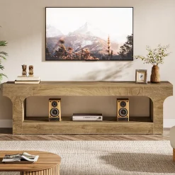 63” Farmhouse TV Stand for 55–75 Inch TVs, Entertainment Center with 2-Tier Open Storage Shelves