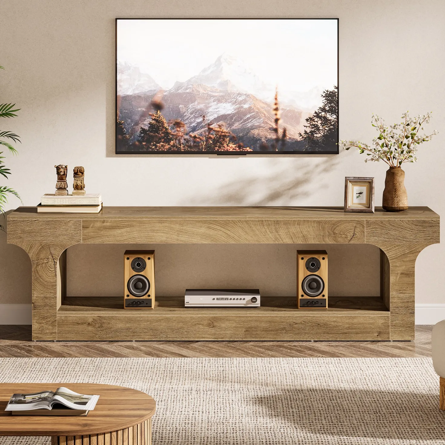63” Farmhouse TV Stand for 55–75 Inch TVs, Entertainment Center with 2-Tier Open Storage Shelves