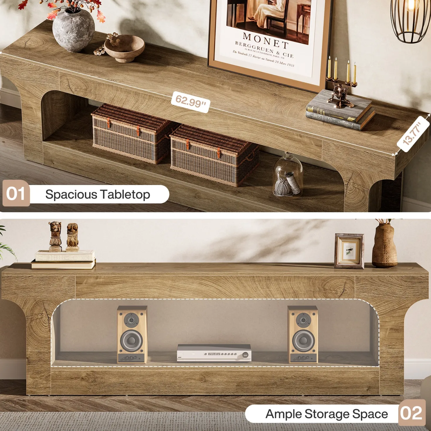 63” Farmhouse TV Stand for 55–75 Inch TVs, Entertainment Center with 2-Tier Open Storage Shelves