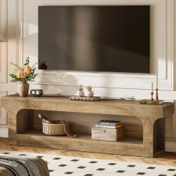 63” Farmhouse TV Stand for 55–75 Inch TVs, Entertainment Center with 2-Tier Open Storage Shelves