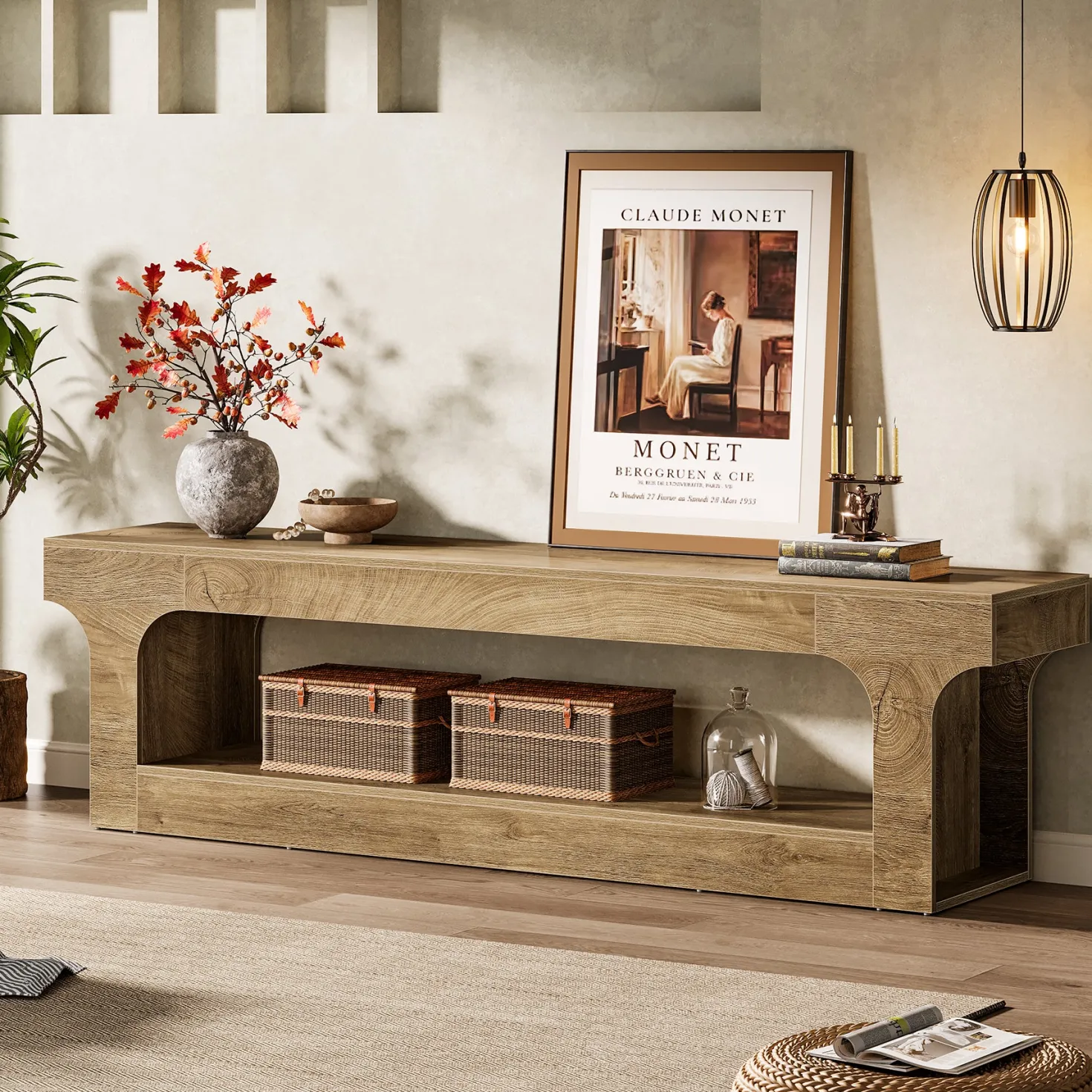 63” Farmhouse TV Stand for 55–75 Inch TVs, Entertainment Center with 2-Tier Open Storage Shelves