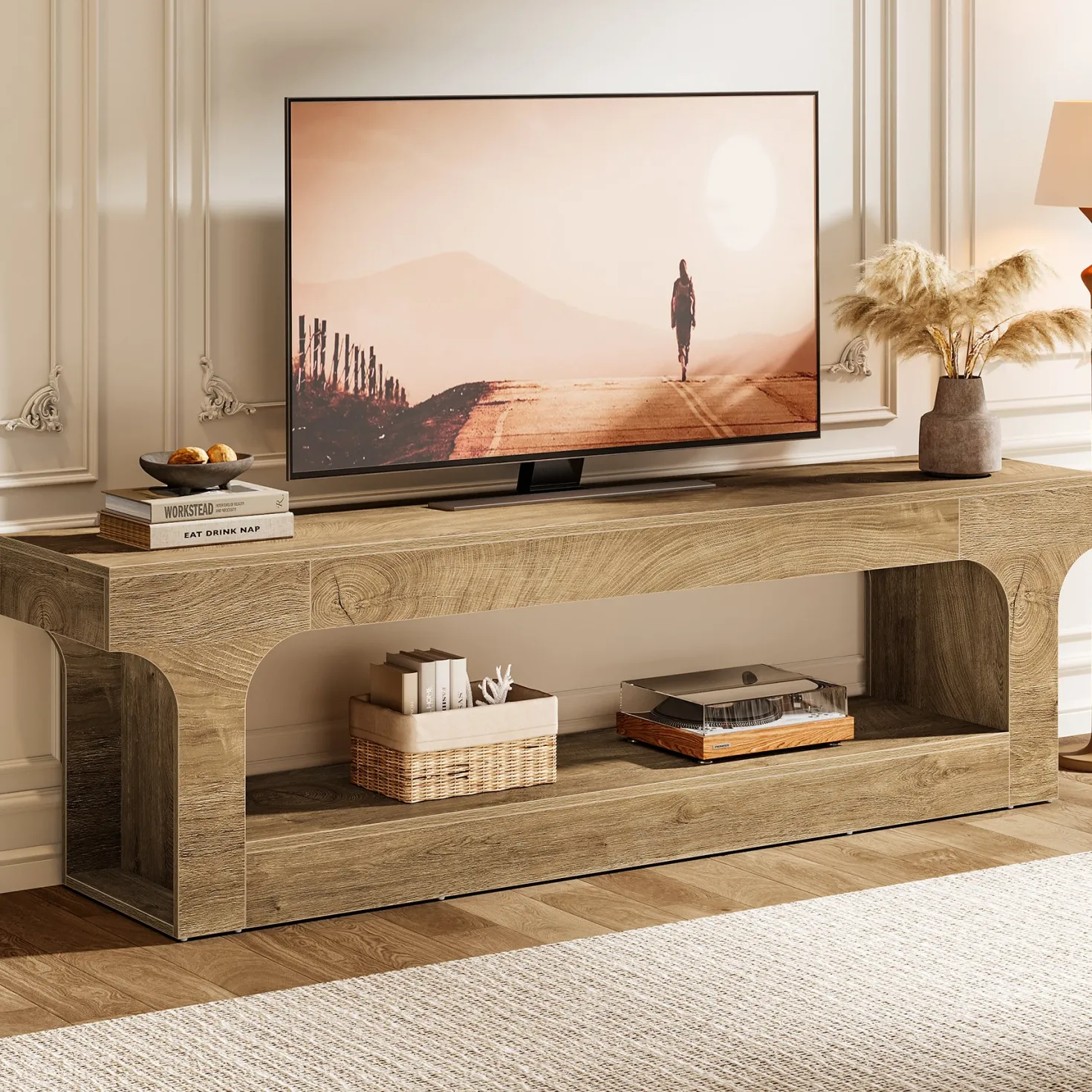 63” Farmhouse TV Stand for 55–75 Inch TVs, Entertainment Center with 2-Tier Open Storage Shelves