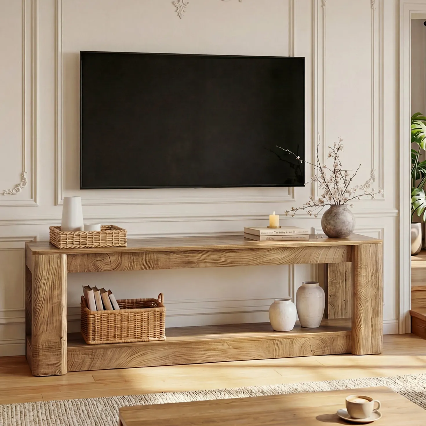 63" Farmhouse TV Stand for 55-75" TVs, Wood Media Console with Open Storage Shelves, Rustic Entertainment Center