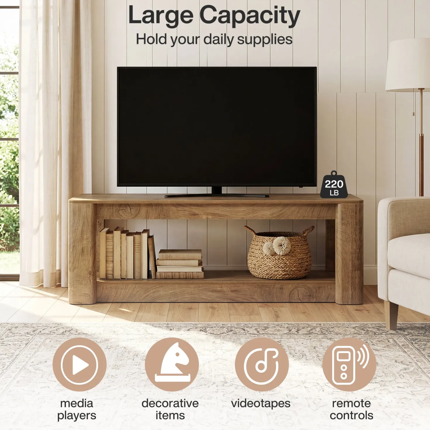 63" Farmhouse TV Stand for 55-75" TVs, Wood Media Console with Open Storage Shelves, Rustic Entertainment Center