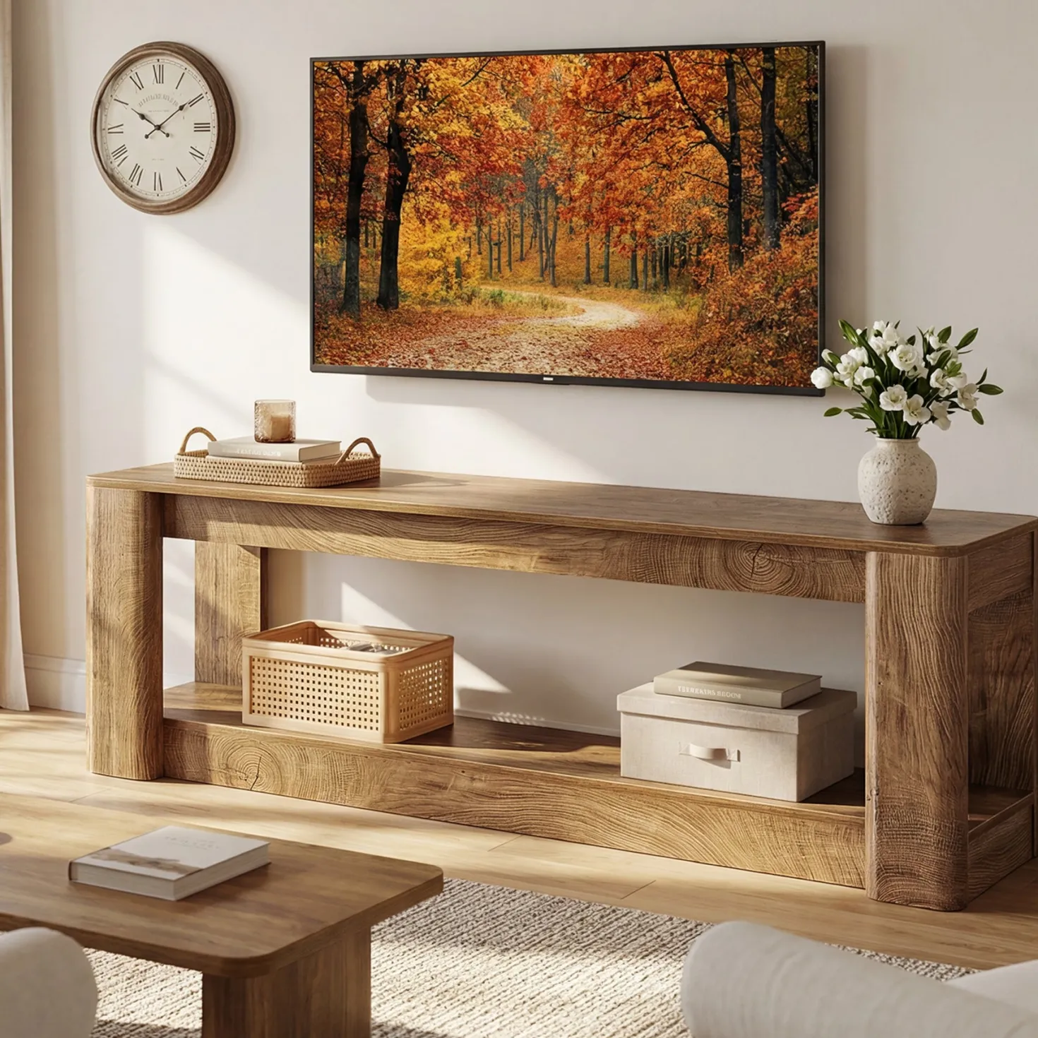 63" Farmhouse TV Stand for 55-75" TVs, Wood Media Console with Open Storage Shelves, Rustic Entertainment Center