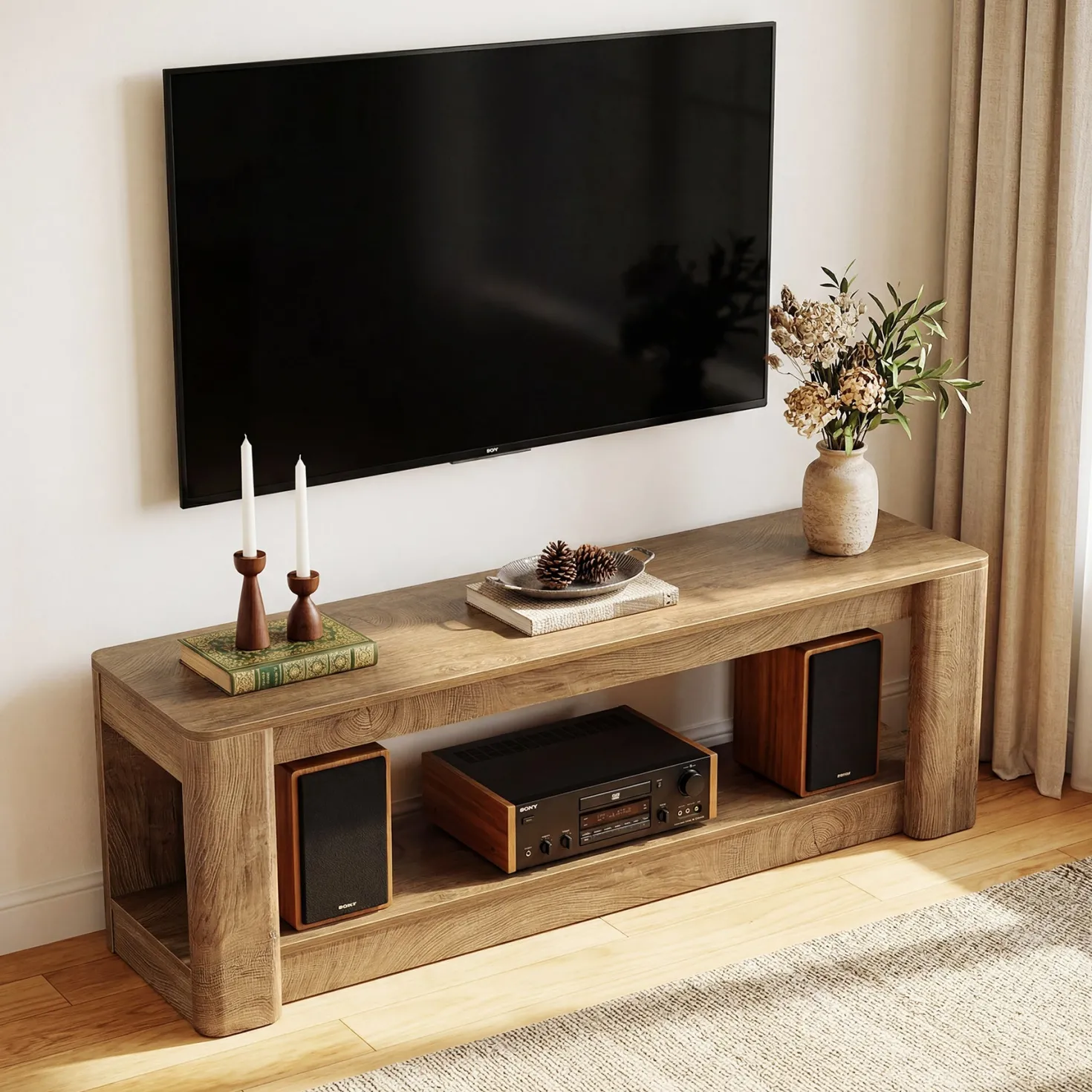 63" Farmhouse TV Stand for 55-75" TVs, Wood Media Console with Open Storage Shelves, Rustic Entertainment Center
