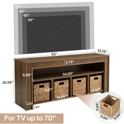 63" Farmhouse TV Stand for 55–70 Inch TVs, Media Console with Baskets & Open Storage