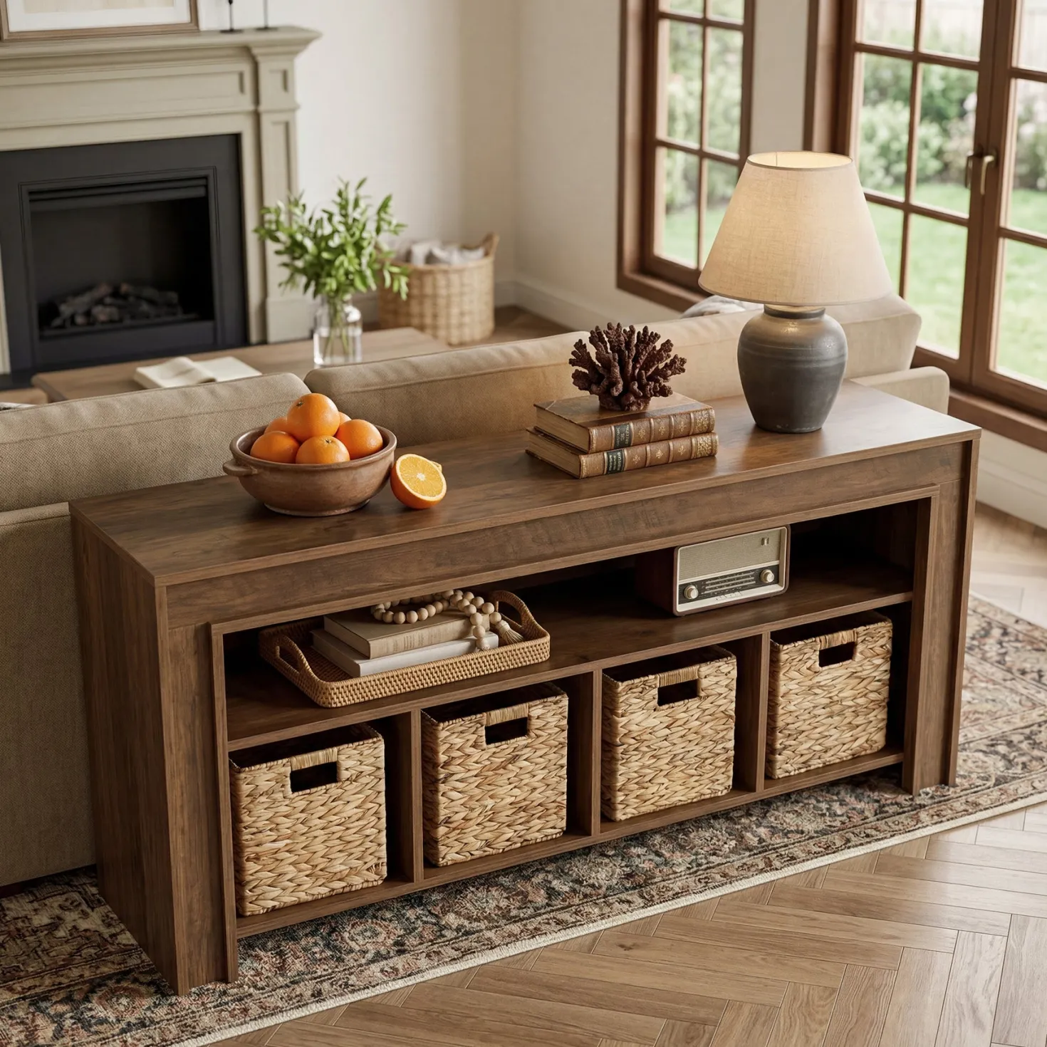 63" Farmhouse TV Stand for 55–70 Inch TVs, Media Console with Baskets & Open Storage