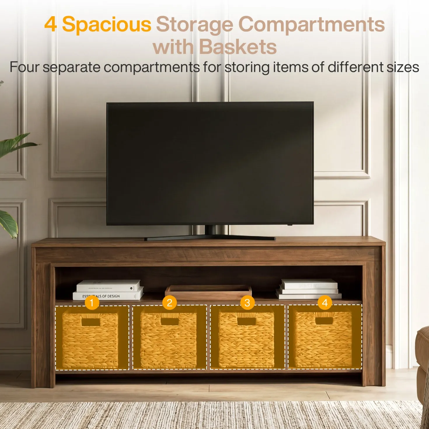 63" Farmhouse TV Stand for 55–70 Inch TVs, Media Console with Baskets & Open Storage