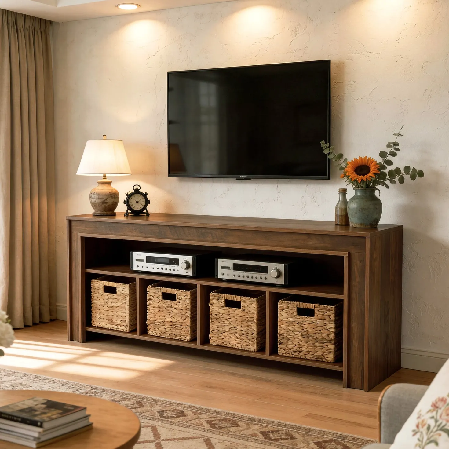 63" Farmhouse TV Stand for 55–70 Inch TVs, Media Console with Baskets & Open Storage