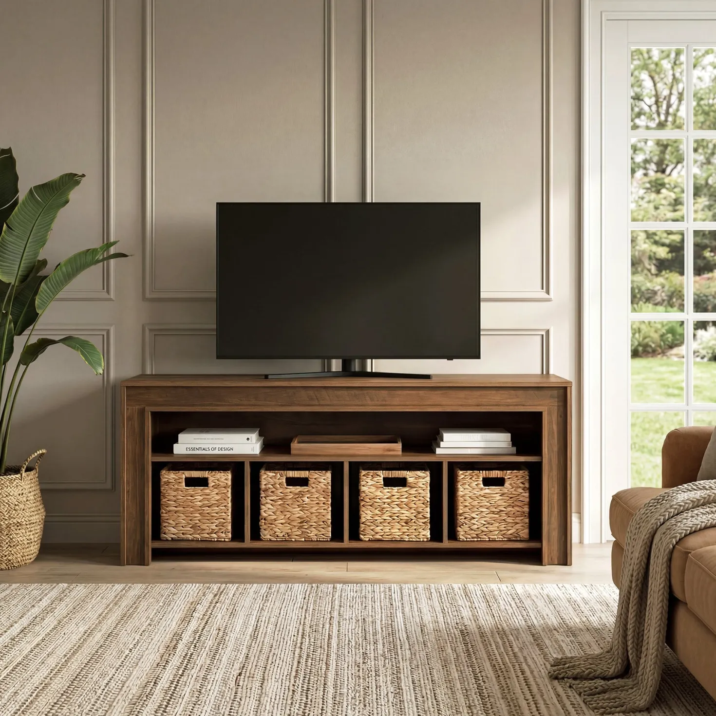 63" Farmhouse TV Stand for 55–70 Inch TVs, Media Console with Baskets & Open Storage