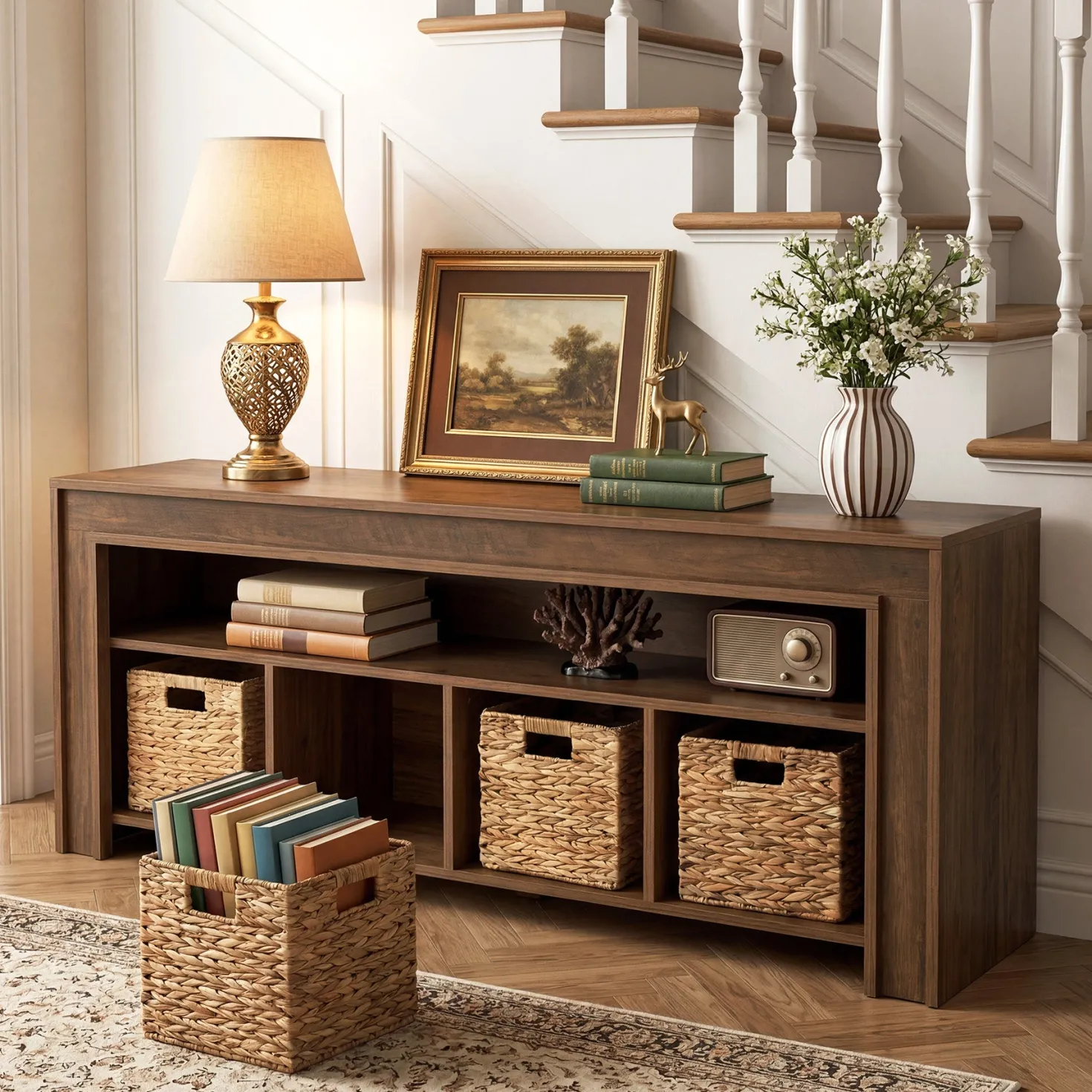 63" Farmhouse TV Stand for 55–70 Inch TVs, Media Console with Baskets & Open Storage