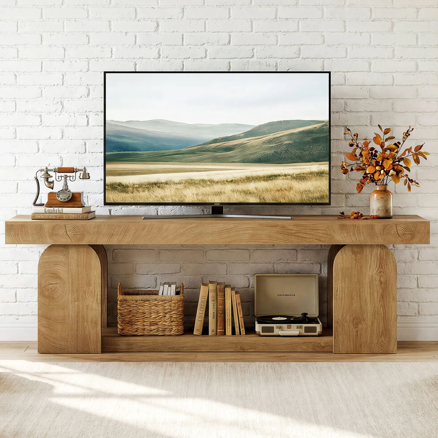 63" Farmhouse TV Stand for TVs up to 75", Wooden Entertainment Center with Open Storage Shelf