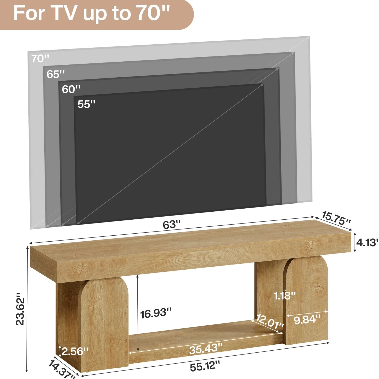 63" Farmhouse TV Stand for TVs up to 75", Wooden Entertainment Center with Open Storage Shelf