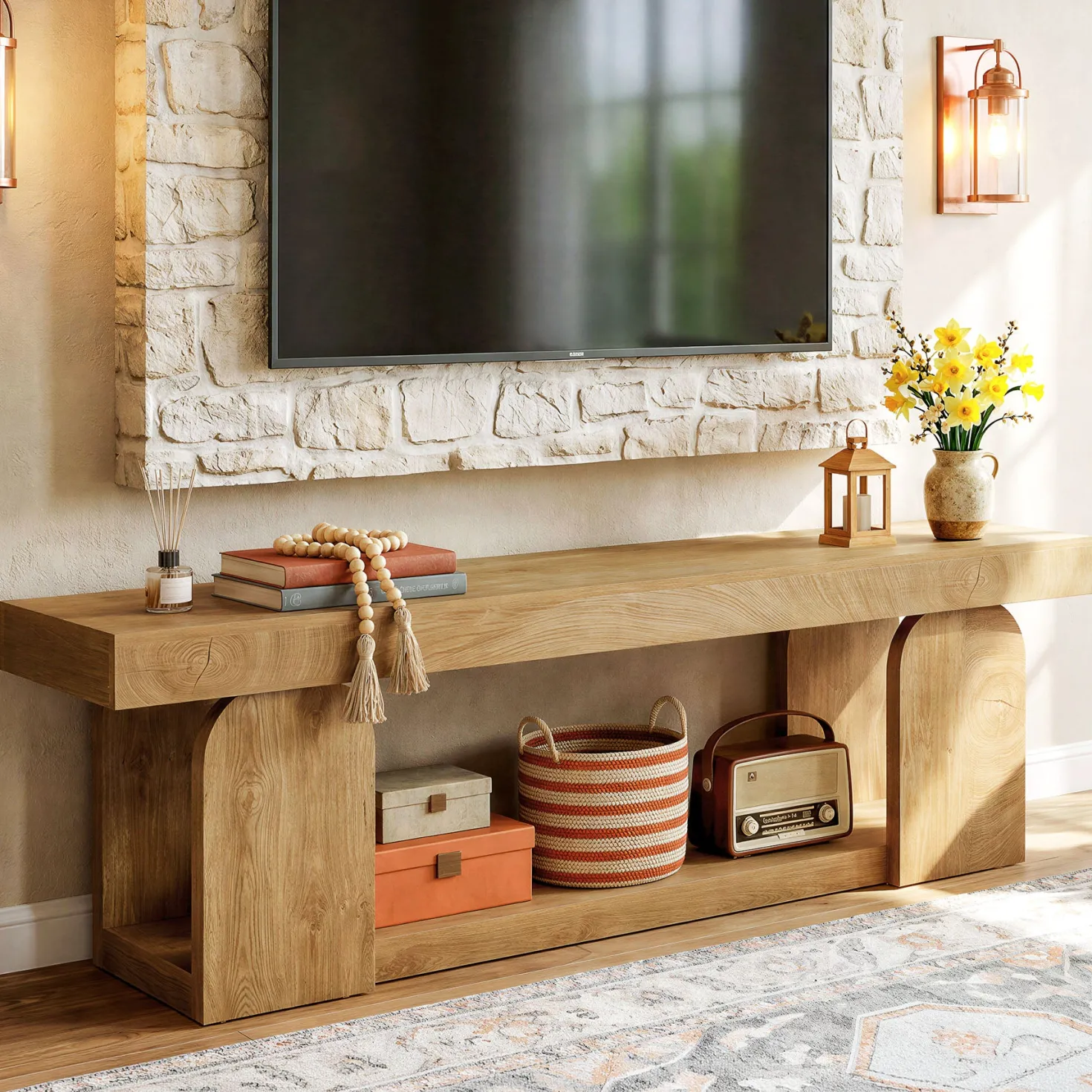 63" Farmhouse TV Stand for TVs up to 75", Wooden Entertainment Center with Open Storage Shelf