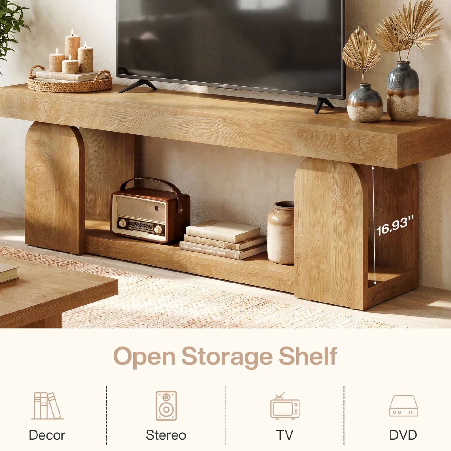 63" Farmhouse TV Stand for TVs up to 75", Wooden Entertainment Center with Open Storage Shelf