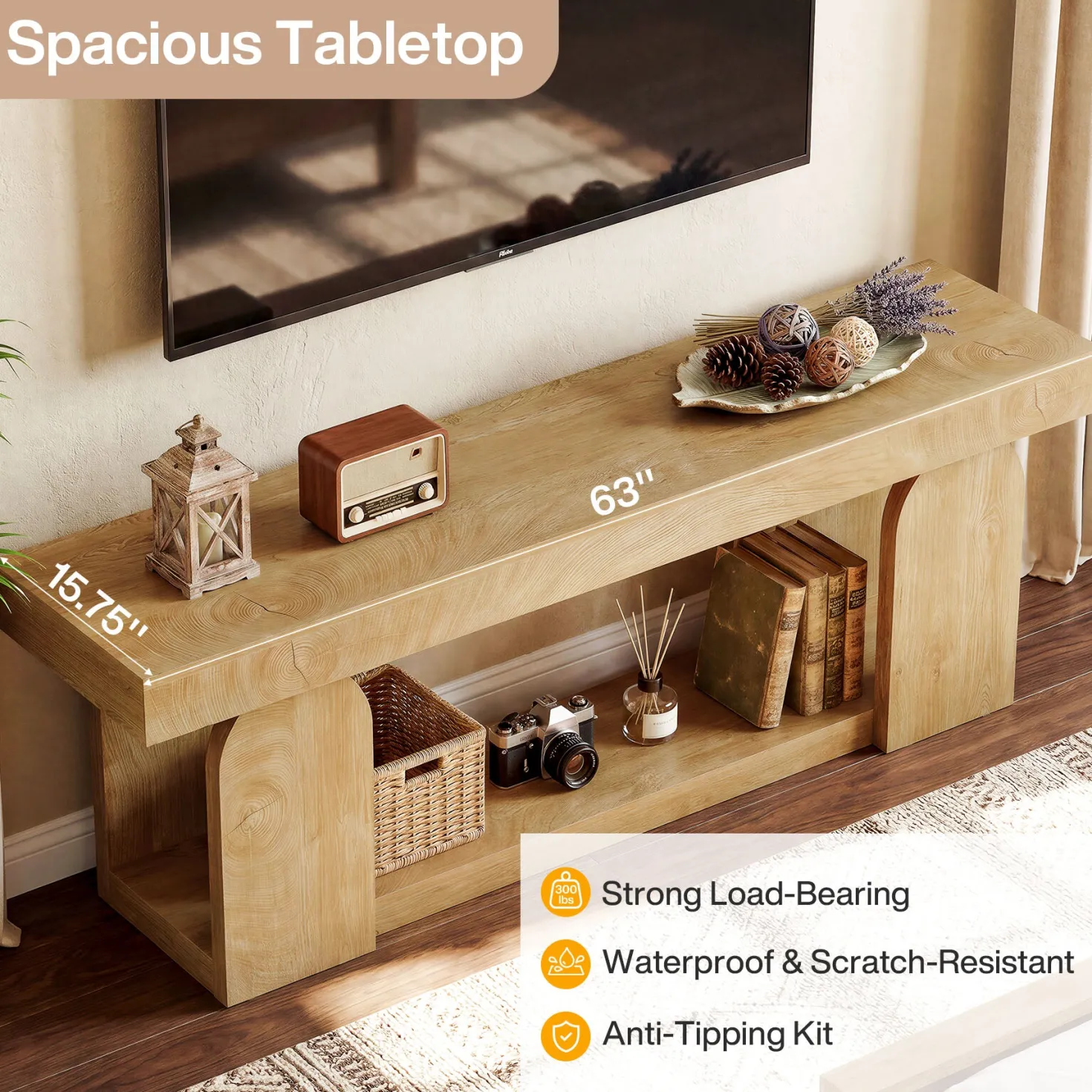 63" Farmhouse TV Stand for TVs up to 75", Wooden Entertainment Center with Open Storage Shelf
