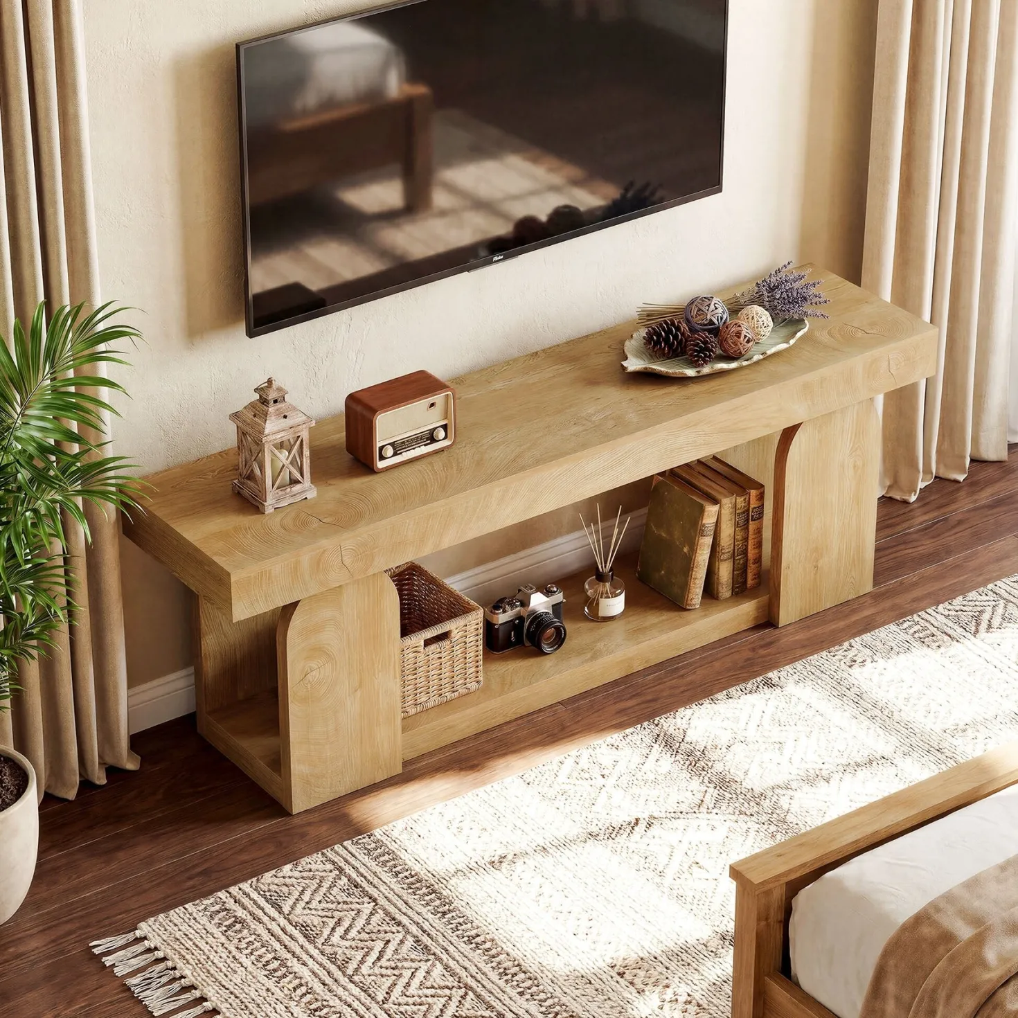 63" Farmhouse TV Stand for TVs up to 75", Wooden Entertainment Center with Open Storage Shelf