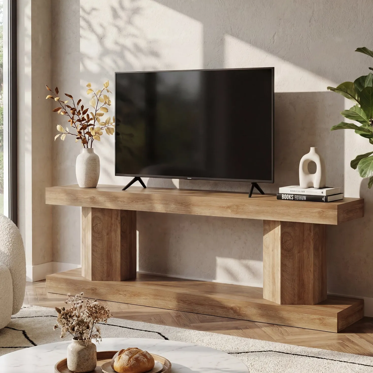 63" Farmhouse TV Stand for TVs up to 70", Wooden Entertainment Center with 2-Tier Open Storage
