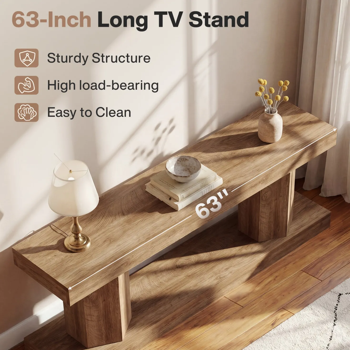 63" Farmhouse TV Stand for TVs up to 70", Wooden Entertainment Center with 2-Tier Open Storage