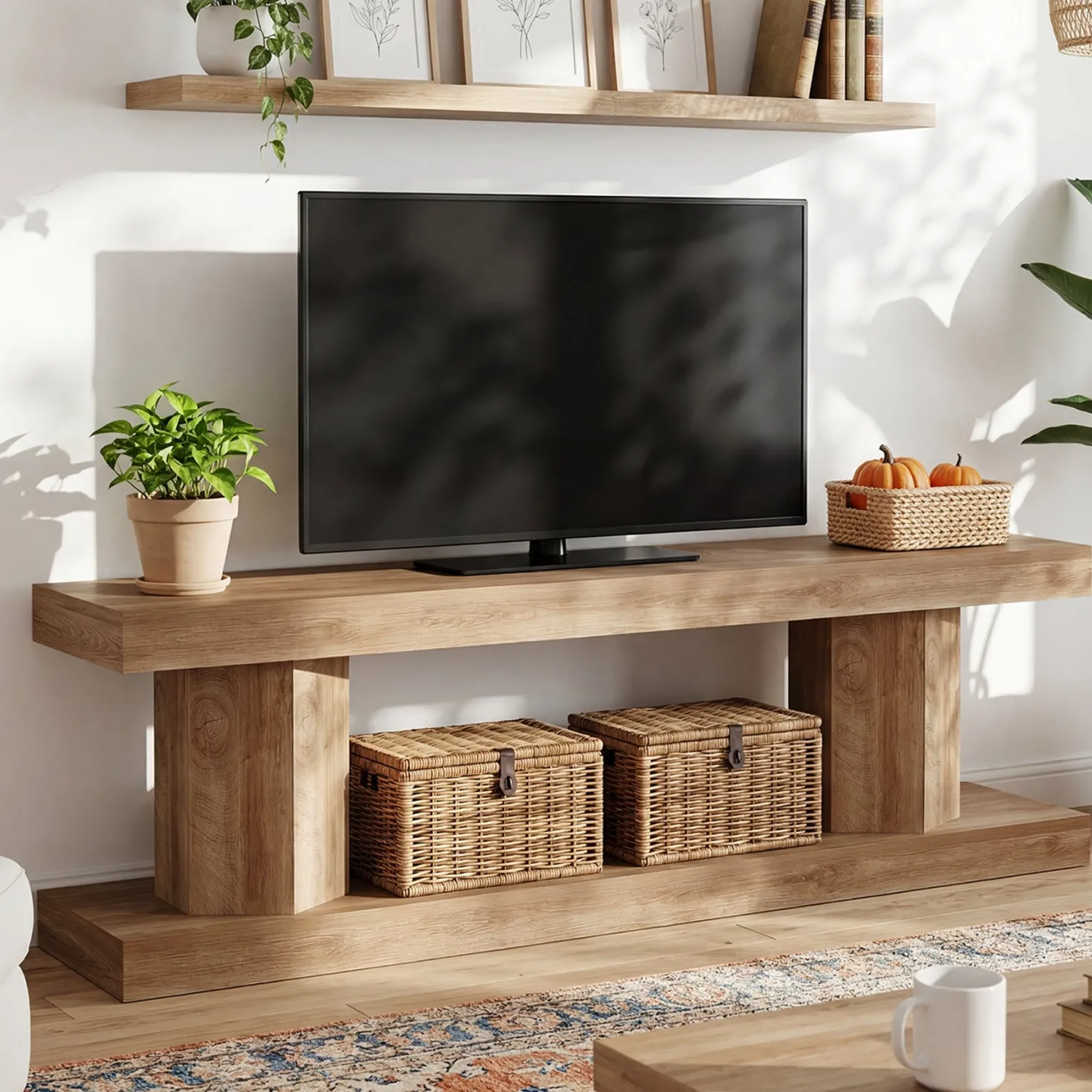 63" Farmhouse TV Stand for TVs up to 70", Wooden Entertainment Center with 2-Tier Open Storage