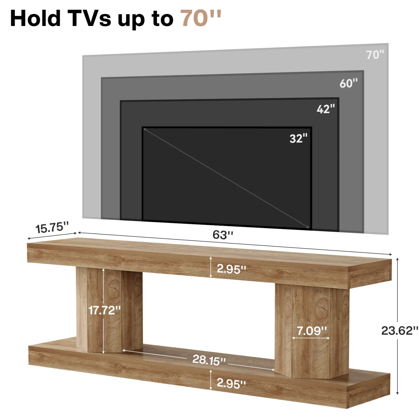 63" Farmhouse TV Stand for TVs up to 70", Wooden Entertainment Center with 2-Tier Open Storage
