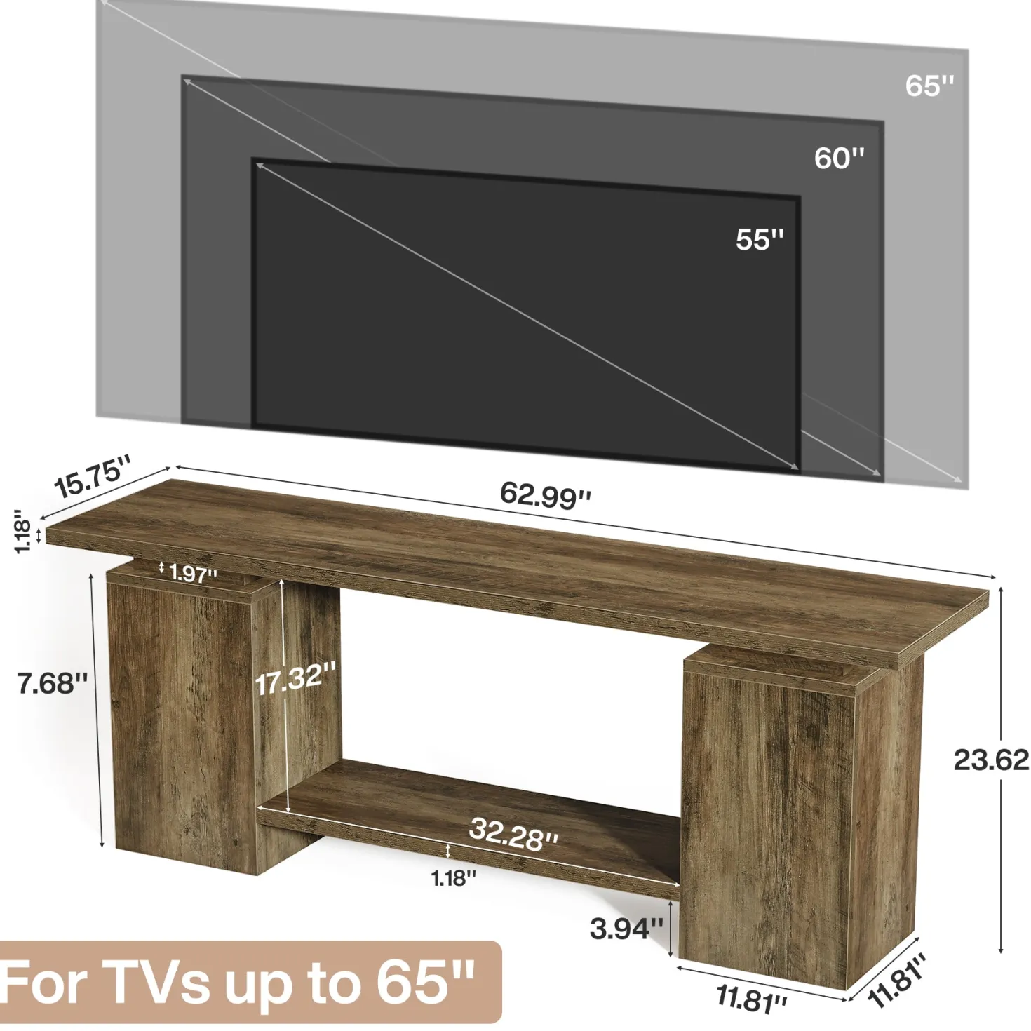 63" Farmhouse TV Stand for up to 65" TVs, Rustic Wood Media Console with Open Shelf, Heavy-Duty Entertainment Center