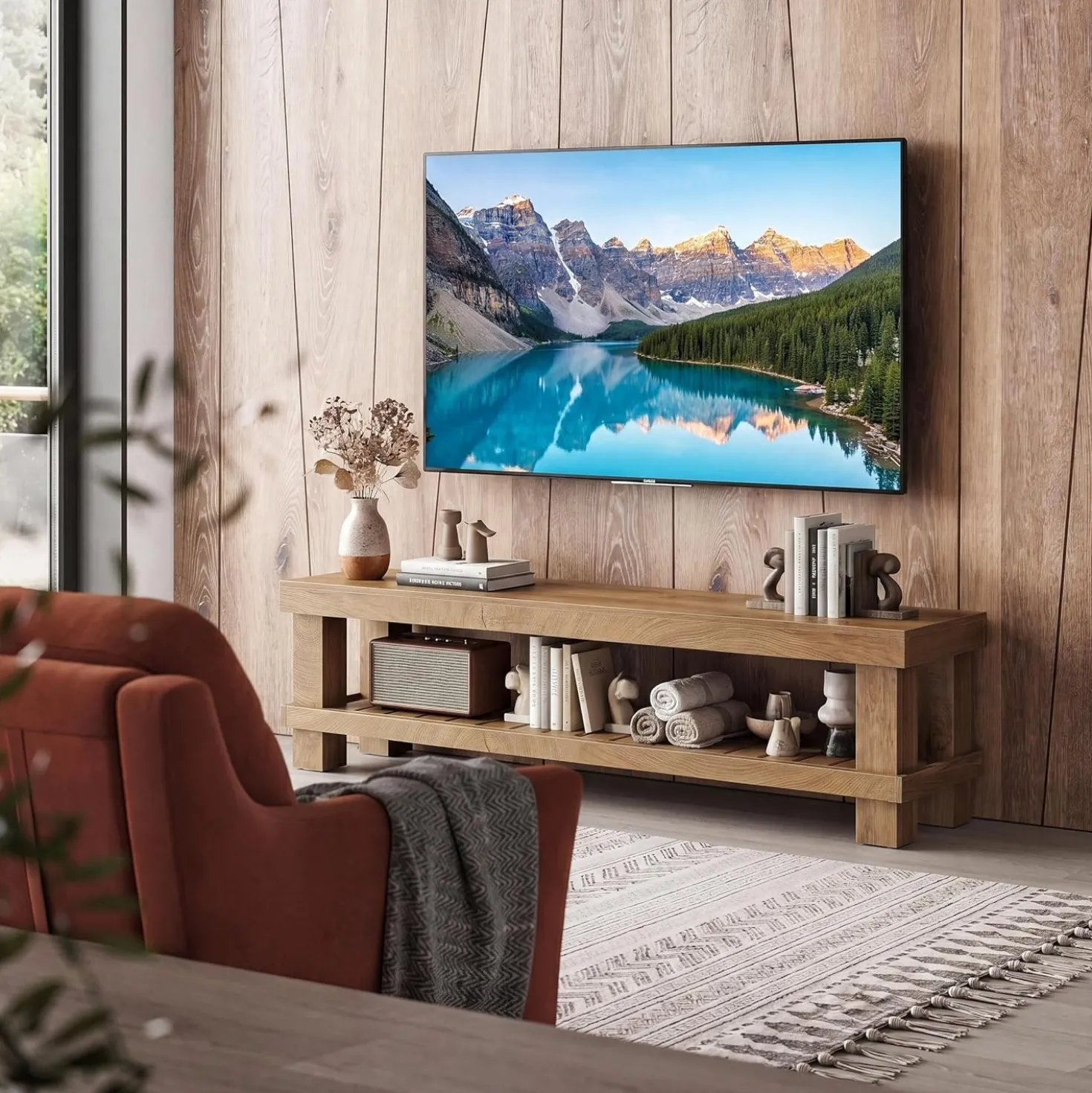 63" Farmhouse TV Stand, Media Entertainment Center Console with Slatted Open Shelf